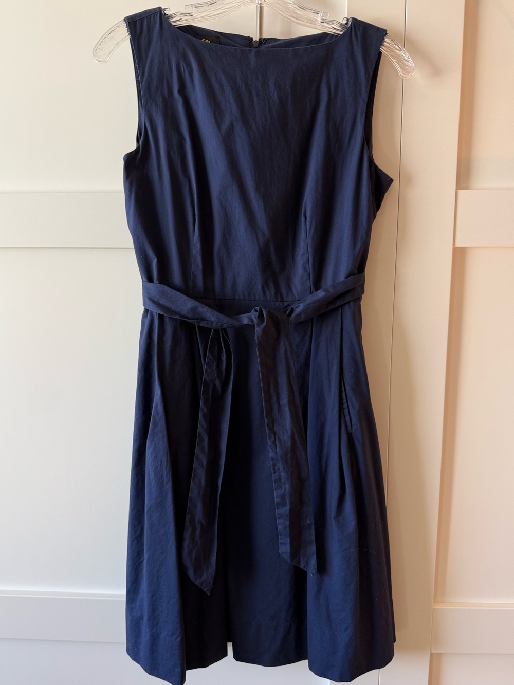 L.L. Bean Classic Navy Sleeveless Belted Dress, 100% cotton, fully lined